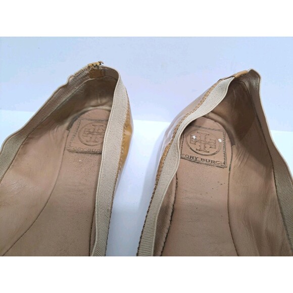 Tory Burch Women's 8.5 Caroline Leather Nude Ballet Flats Golden Metallic Logo - Picture 3 of 6